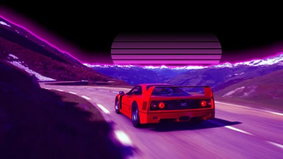 Ferrari F40 acelera por uma estrada de montanha sob um pôr do sol neon