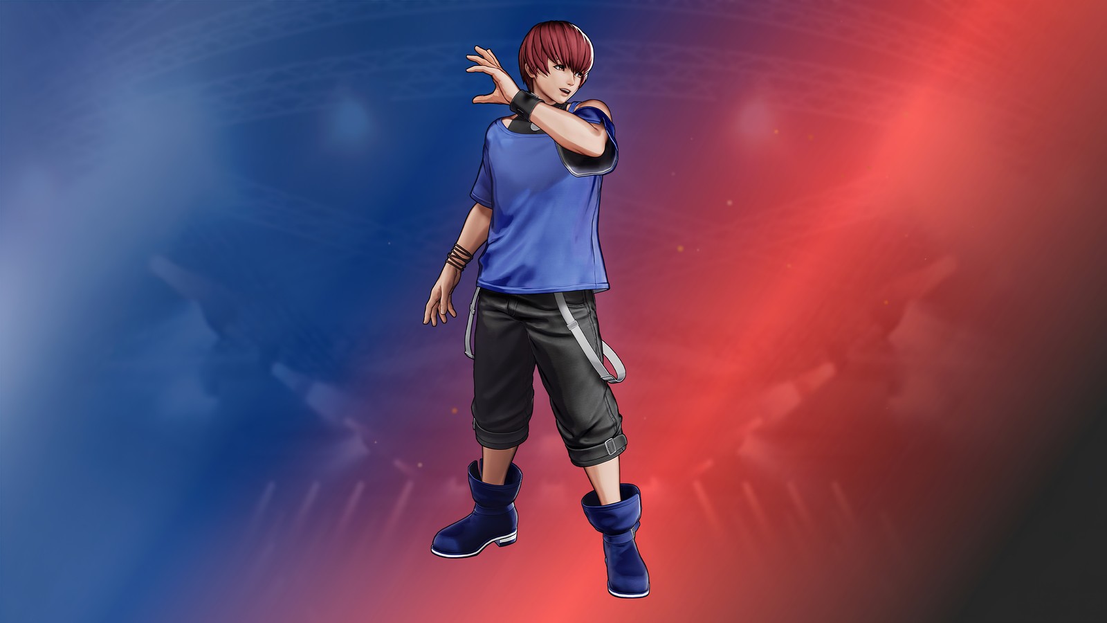 Un primer plano de una persona con una camisa azul y pantalones negros (chris, the king of fighters xv, kof 15, videojuego)