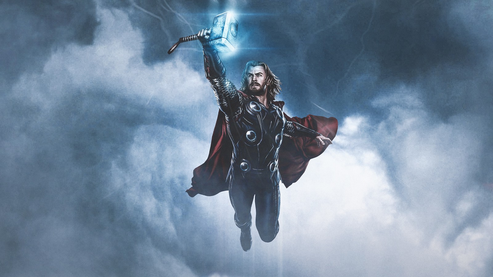 Thor thor is flying through the clouds with a sword (thor, the avengers, thanos, cloud, tandem skydiving)