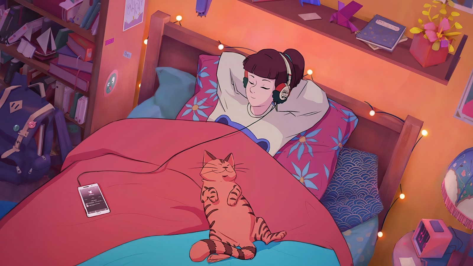 Une fille d'anime allongée dans un lit avec des écouteurs et un chat sur le lit (art numérique, lofi, filles, chat, écouteurs)