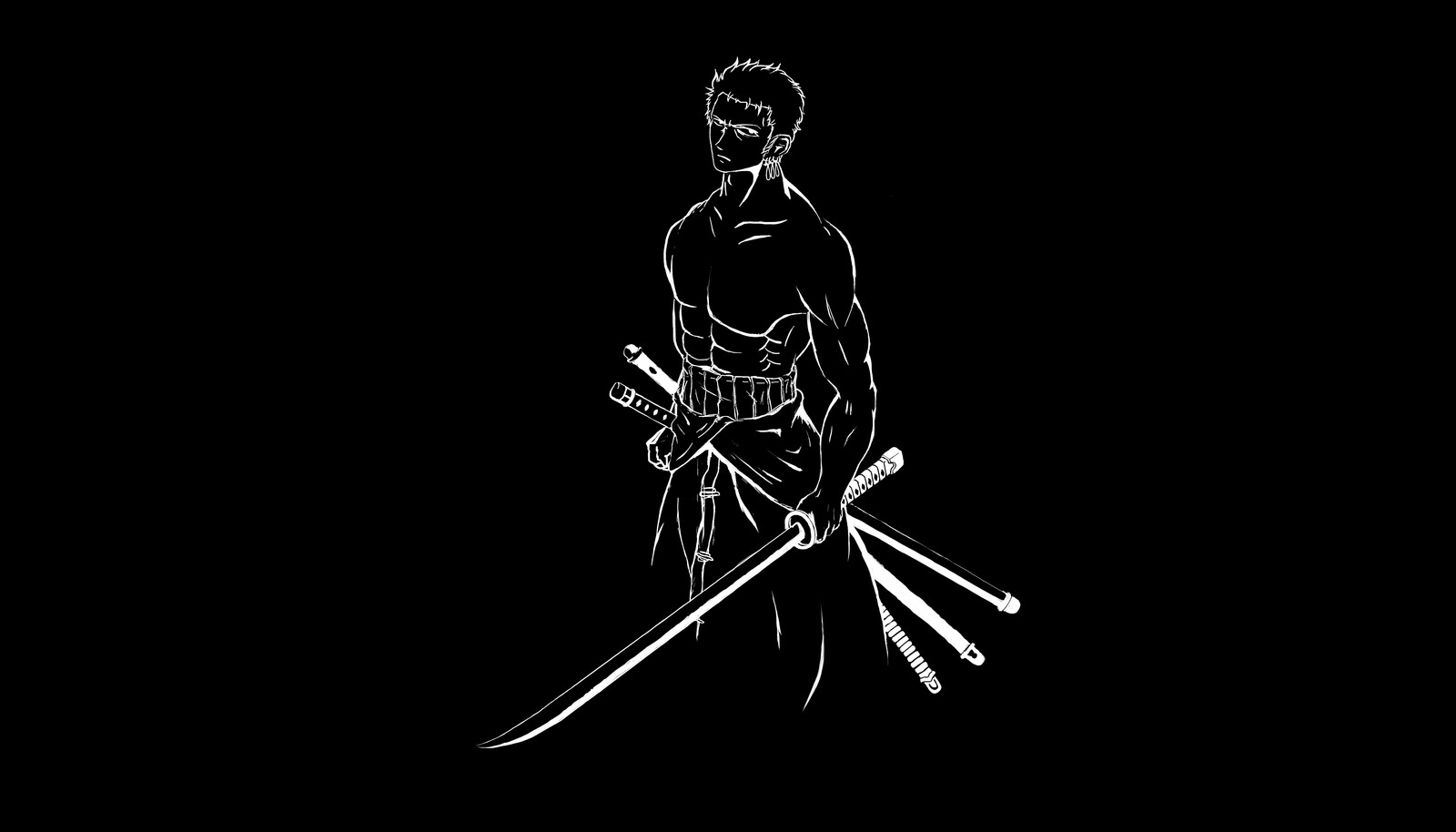 A man with a sword standing in the dark (roronoa zoro, amoled, one piece, pirate hunter, black background)