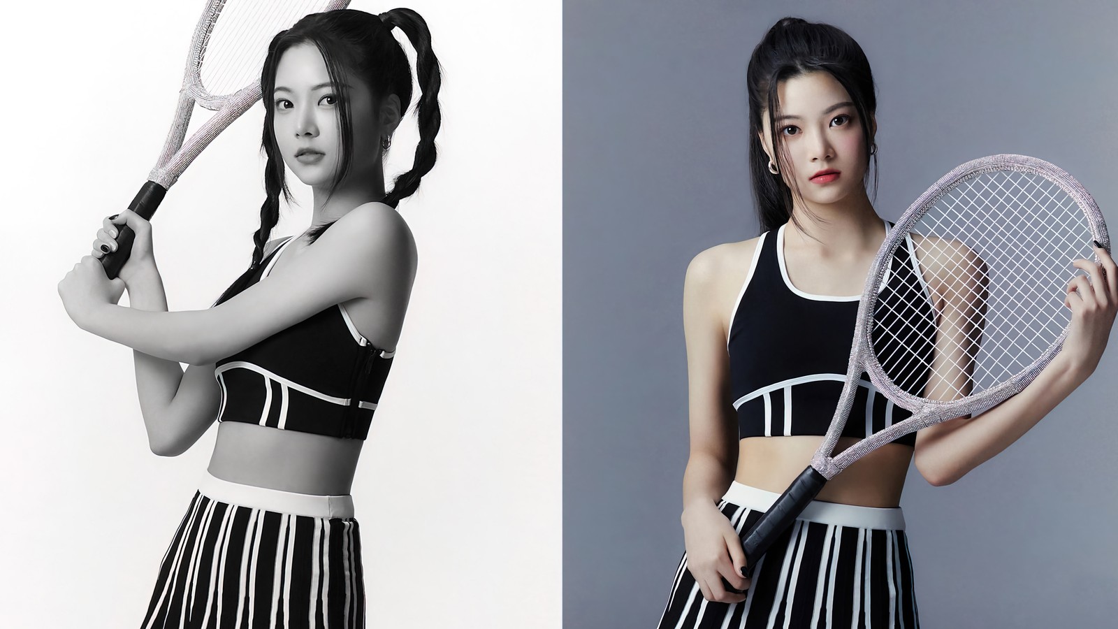 Two photos of a woman in a black and white outfit holding a tennis racket (le sserafim, 르세라핌, kpop, korean, girl group)