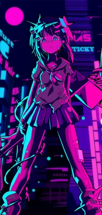 Personaje de anime vibrante en estilo synthwave en un paisaje urbano ciberpunk