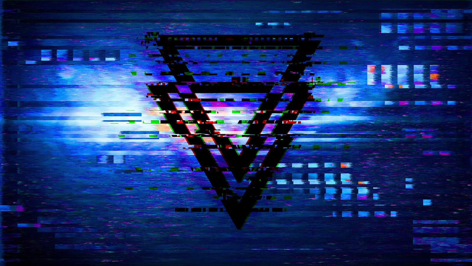 A close up of a triangle with a pixel pattern on it (glitch art, triangles, effect, distortion, digital art)