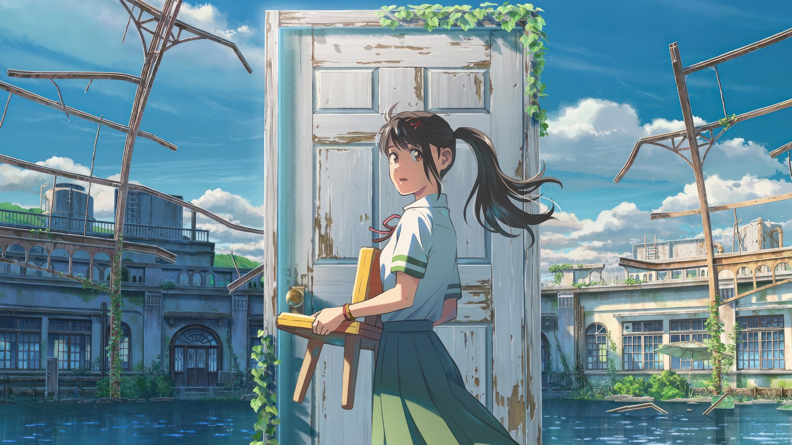 Uma mulher de saia verde segurando um bastão, parada em frente a uma porta (suzume no tojimari, anime, bloqueio da porta de suzume, suzume iwato)