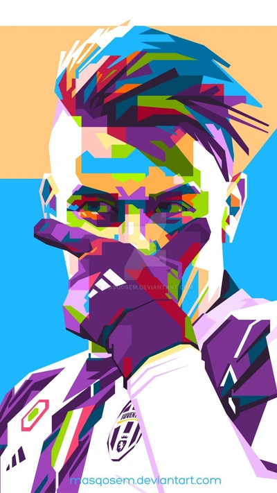 Colorful portrait of Dybala, celebrated Juventus player, showcasing his iconic style and charisma.