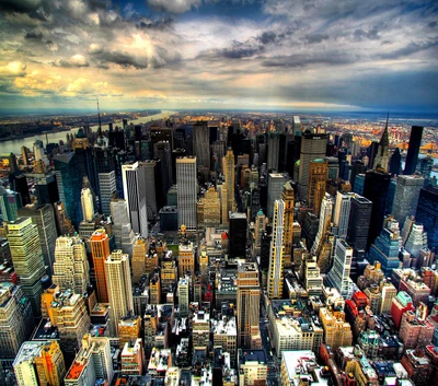 Aerial View of a Dynamic Cityscape Under Dramatic Skies.