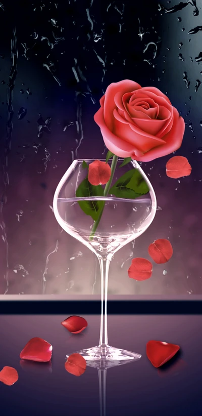 Rose romantique dans un verre avec des pétales et de la pluie