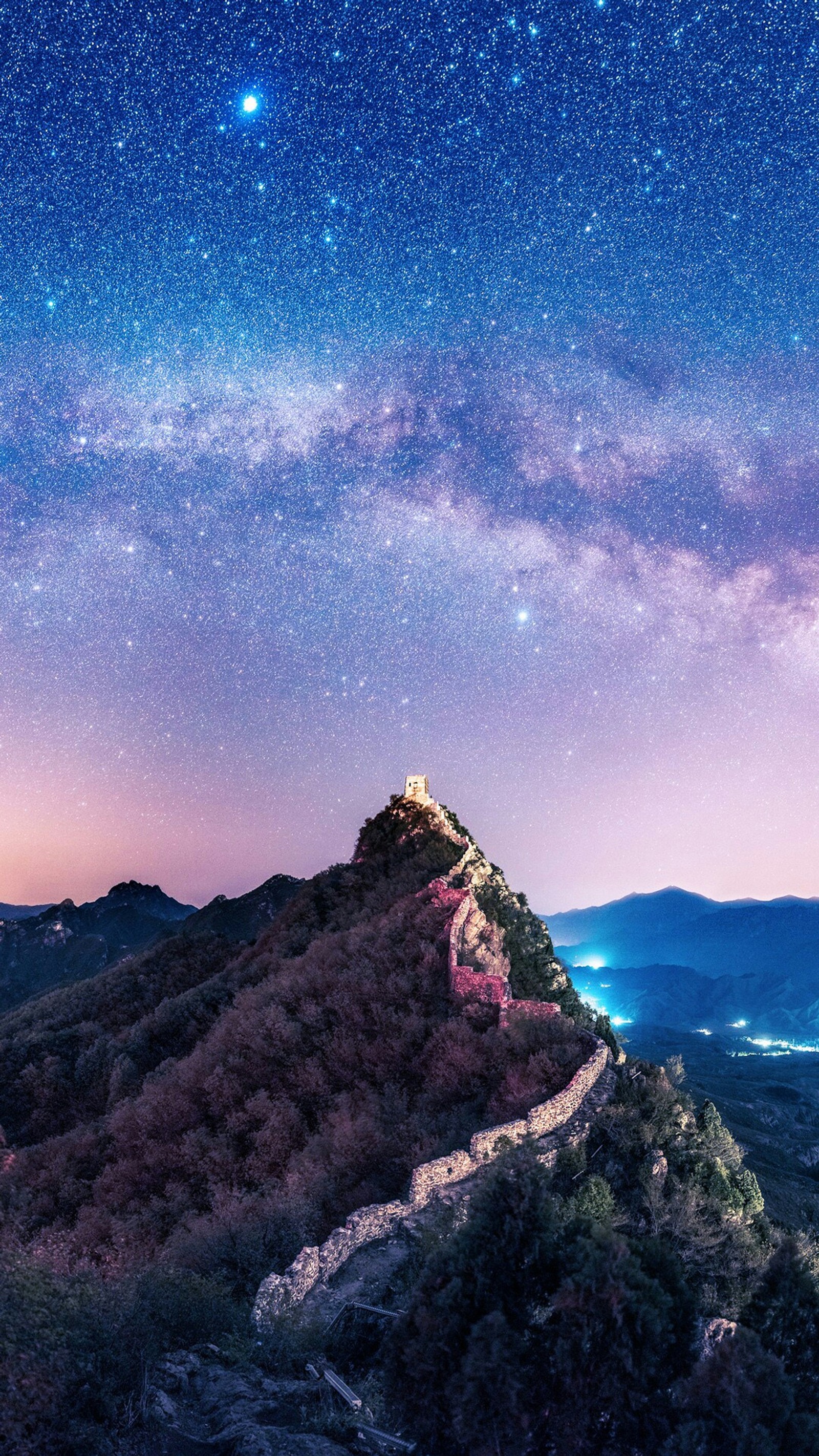 Noite estrelada na grande muralha da china (natureza, paisagem, céu, leitoso)