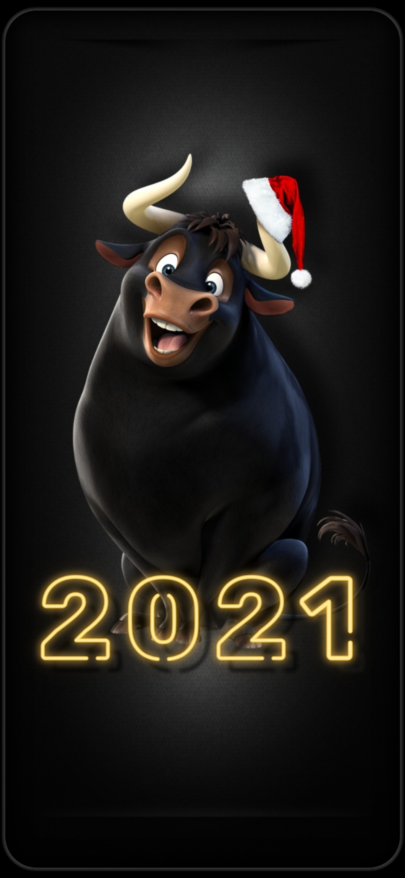 Un primer plano de un toro con un gorro de santa en la cabeza (2021, navidad, nuevo año)