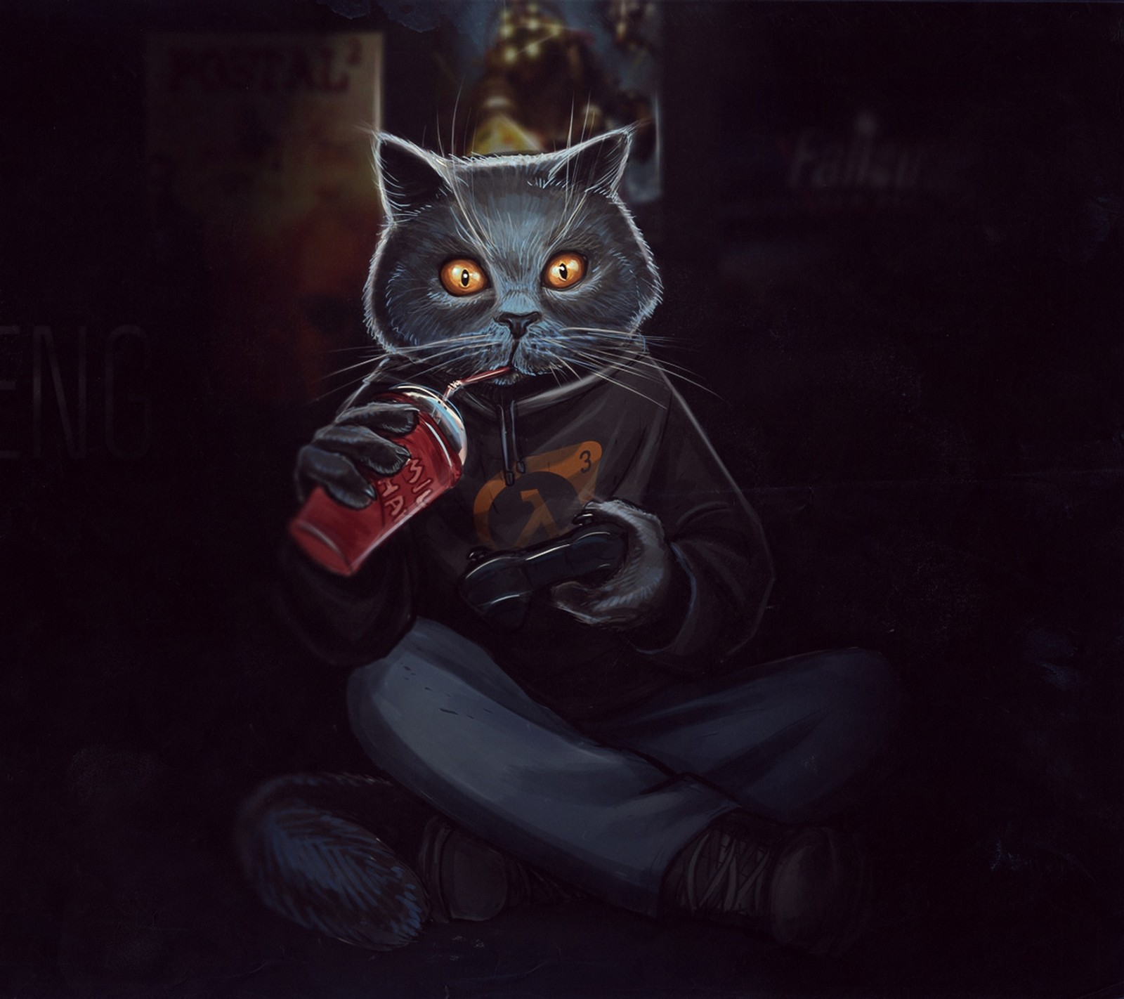 Painting of a cat with a soda in its mouth and a cigarette in its mouth (abej, beograd, cat)