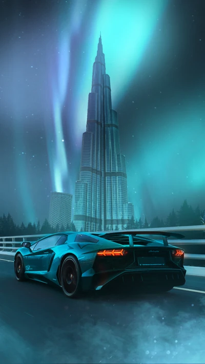 Atemberaubender Neon-Lamborghini vor der Skyline von Dubai mit dem Nordlicht