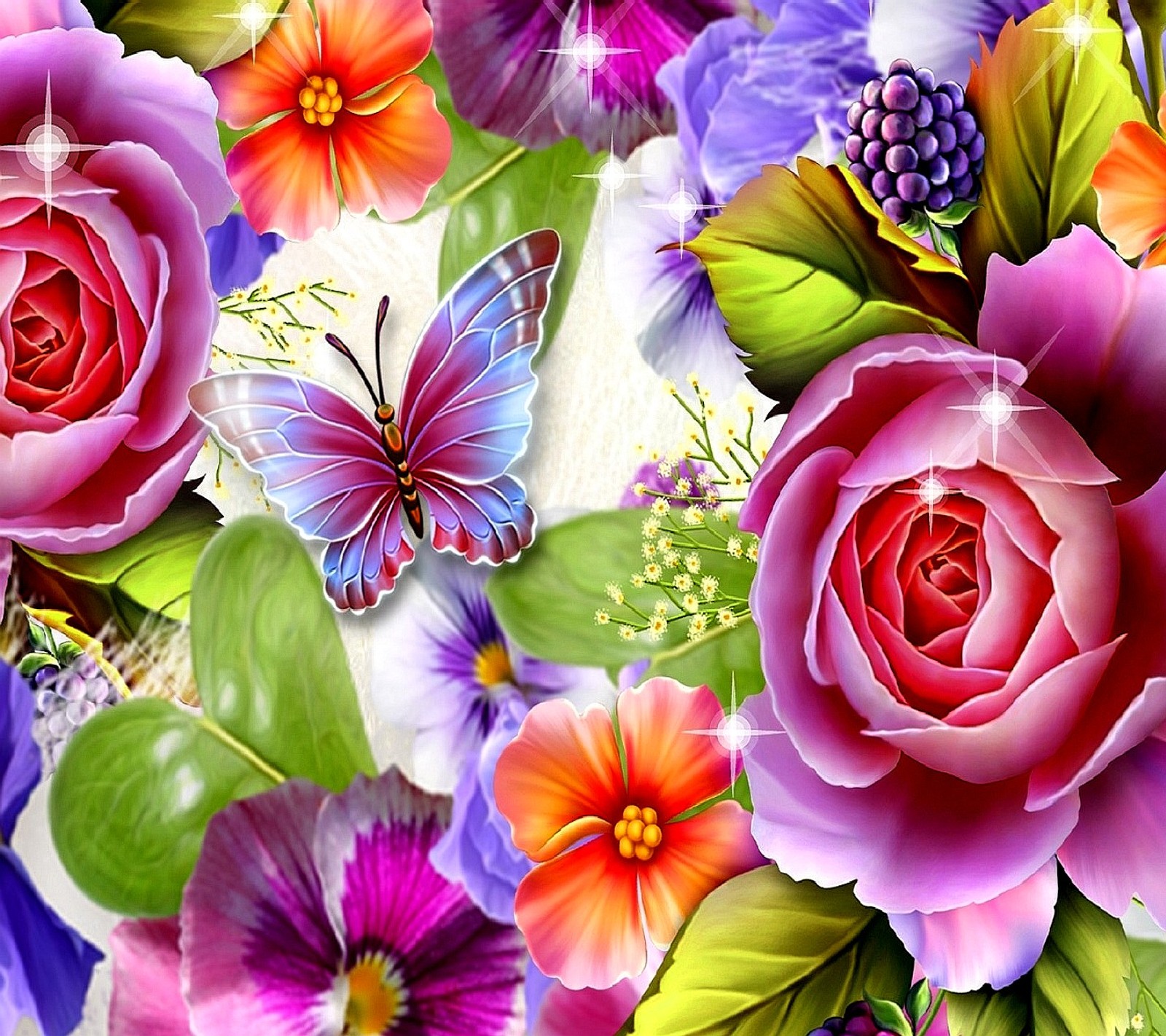 Flowers and butterflies are in a colorful background with a white background (nature)