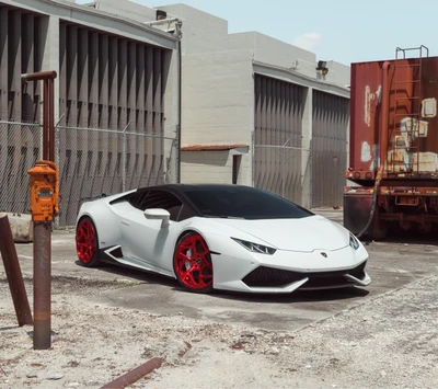 Getunter Lamborghini Huracan in Weiß mit roten Rädern, vor einer urbanen Kulisse in Italien