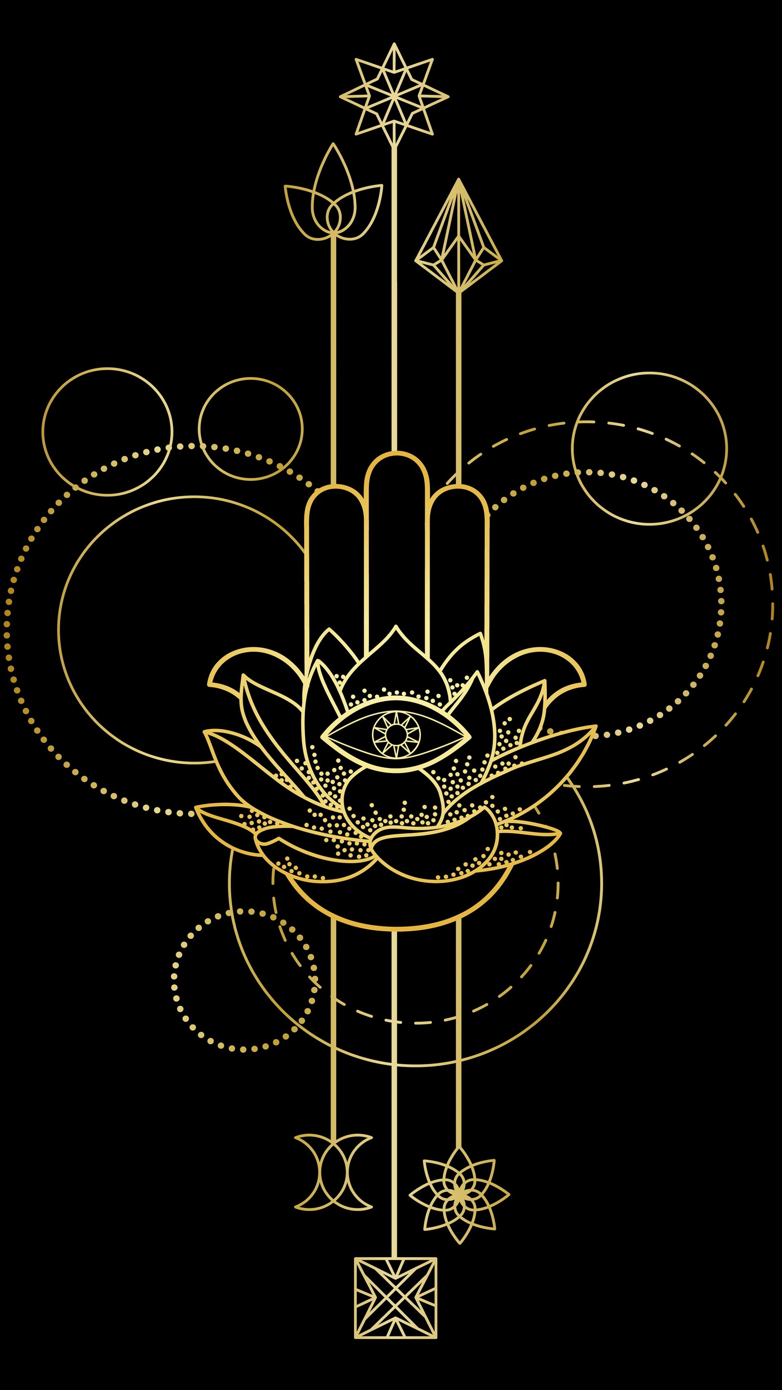 A gold drawing of a lotus flower with a cross and stars (abstract, art, black, design, fatima)