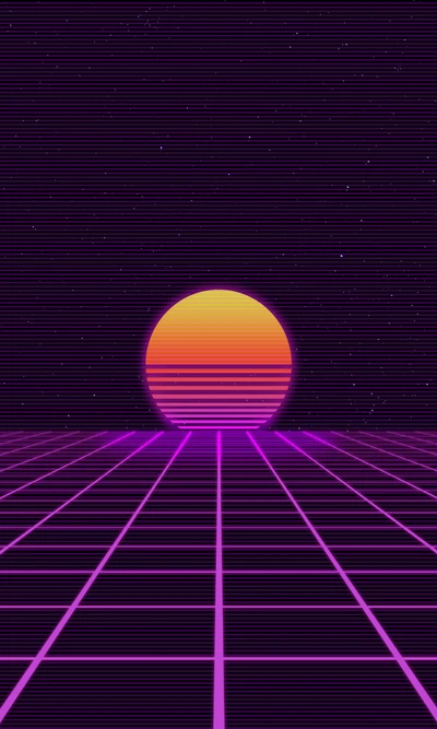 Retro Cyber Sunset Over Neon Grid