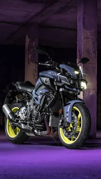 Super Motorcycle with Striking Yellow Wheels and Modern Design in Dimly Lit Setting