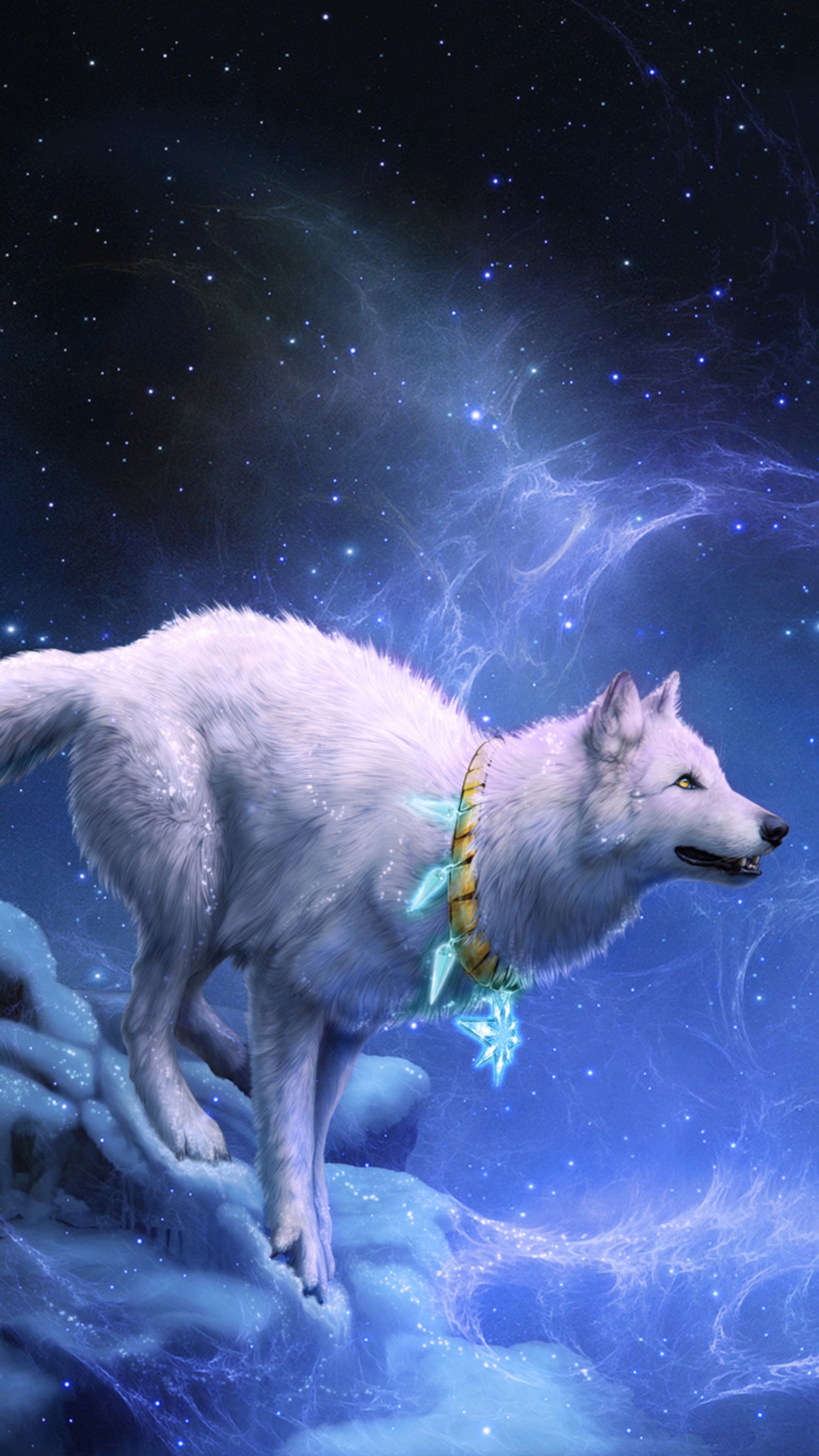 There is a white wolf standing on a snowy hill with a chain around its neck (blue, wolf)