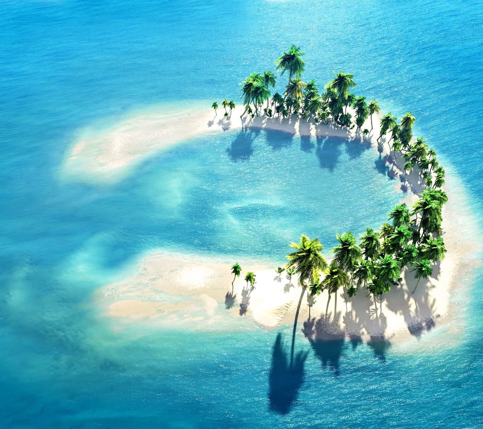 Une vue d'une petite île avec des palmiers au milieu (île, maldives, océan, palmiers, tropiques)