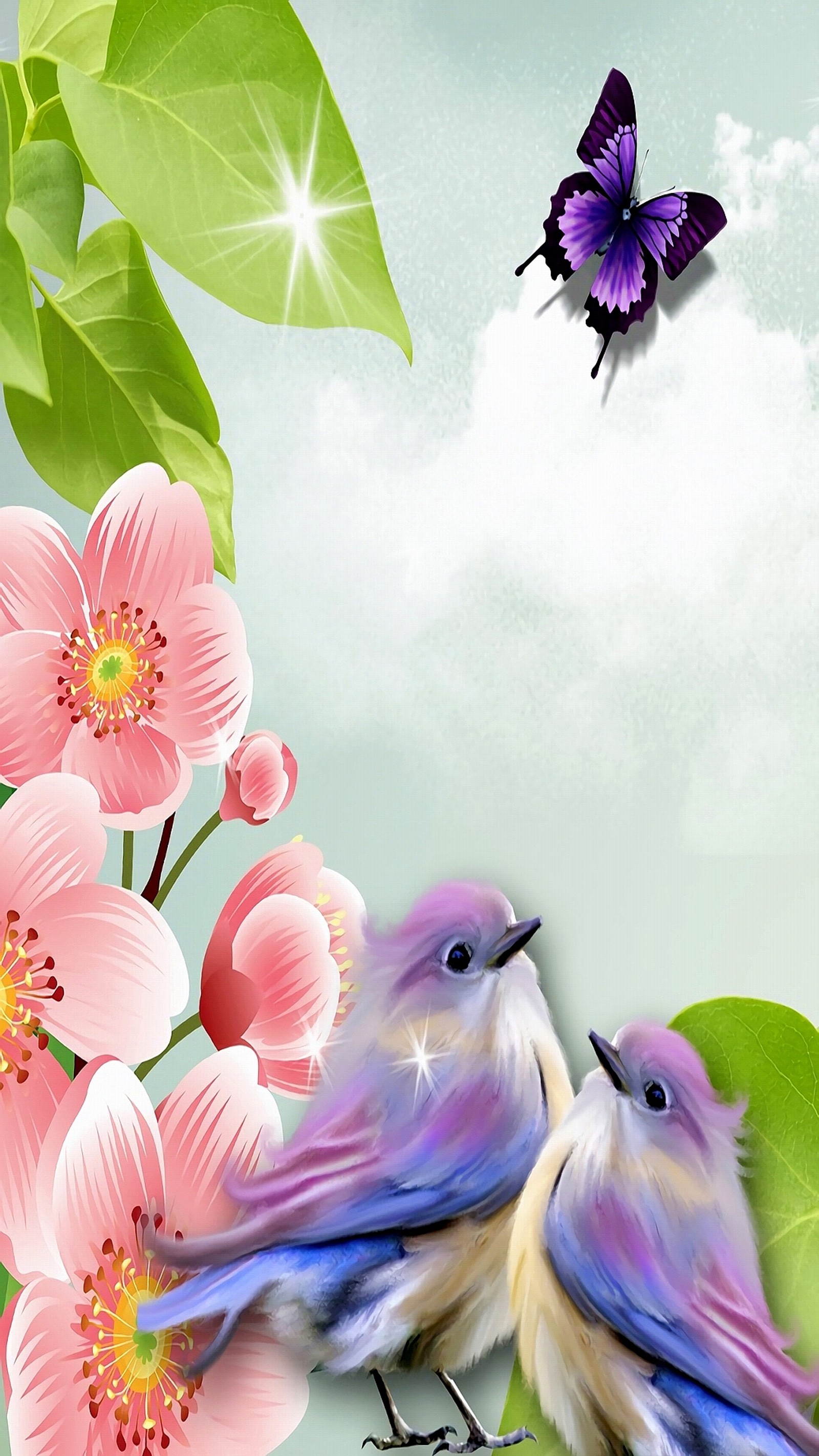 There are two birds sitting on a branch with flowers and a butterfly (abstract, art, birds, butterfly, flowers)