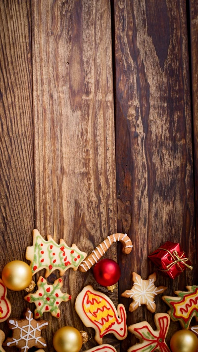 Galletas festivas y adornos sobre fondo de madera rústica