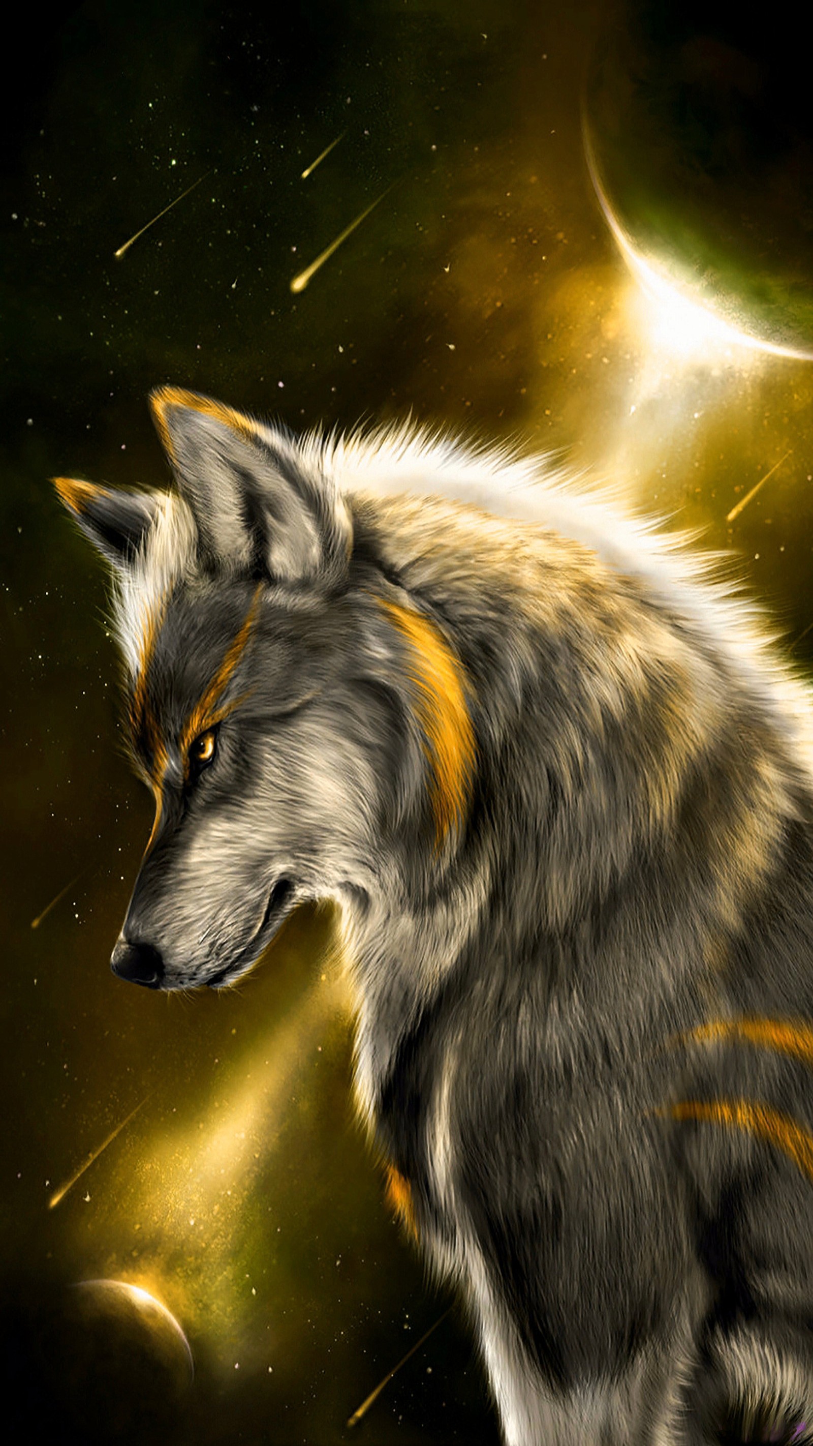 Pintura de un lobo mirando a la luna con una luz brillante (galaxia, oro, luna, lobo)