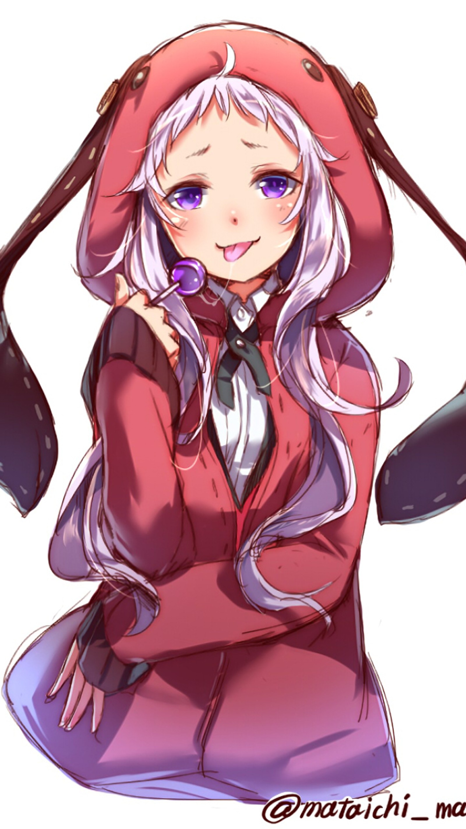 Una chica de anime con largo cabello blanco y una sudadera roja (anime, niña, kakegurui, loli, piruleta)