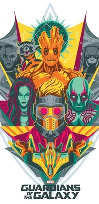 Buntes Artwork der Wächter der Galaxie mit Groot, Star-Lord, Gamora und Drax