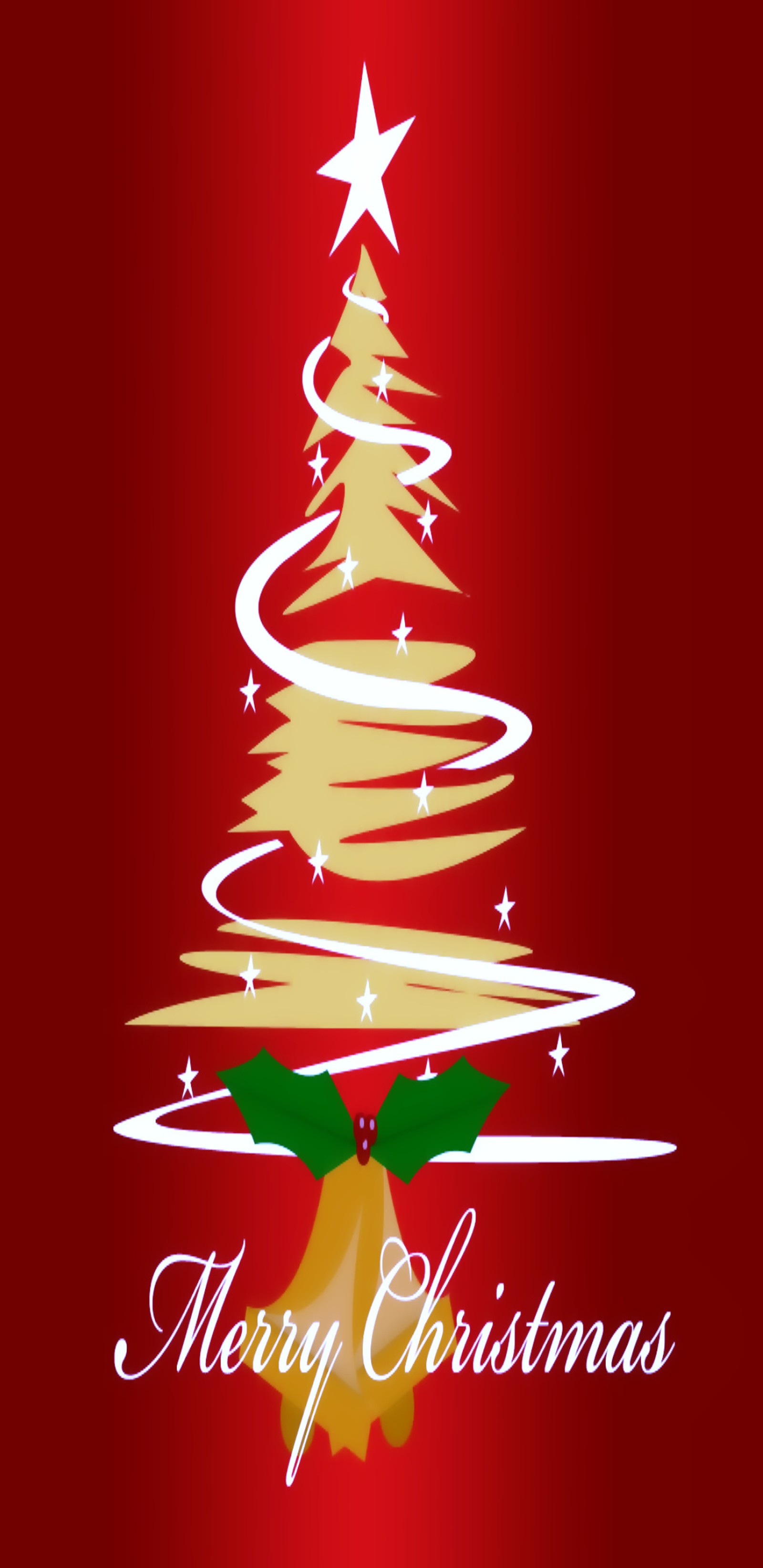 A red christmas card with a gold christmas tree and bells (christmas, wallpapers)