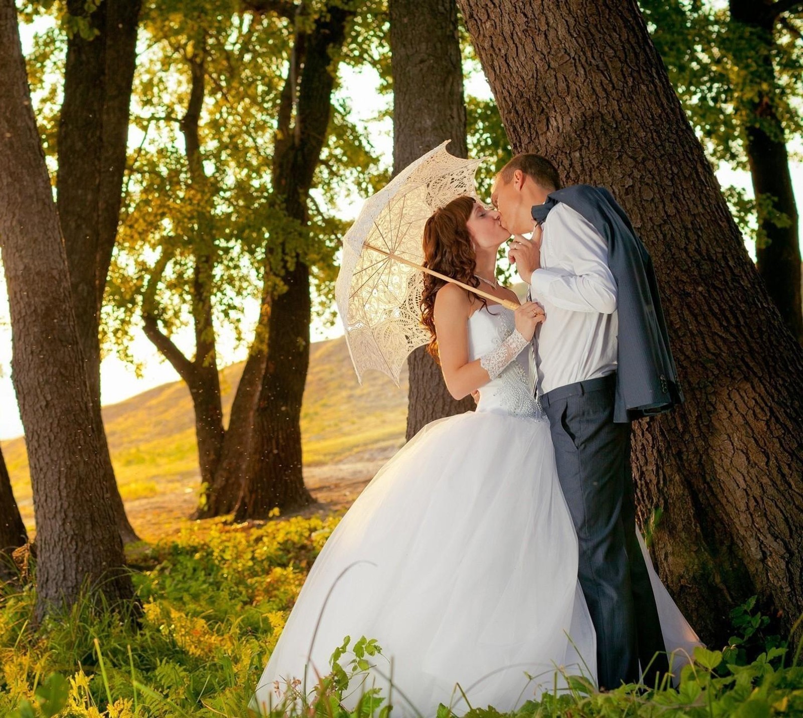 La mariée et le marié s'embrassent sous un arbre dans un champ avec des arbres. (couple, mignon, sentiments, amour)