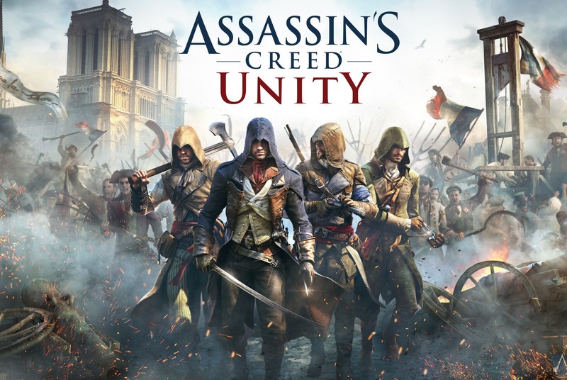 Группа людей стоит перед зданием с баннером, на котором написано assassin creed unity (ассасинс крид, assassins creed, ps4 assassins)