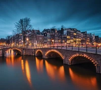 Twilight Reflections: Amsterdam's Iconic Bridges and Historic Houses