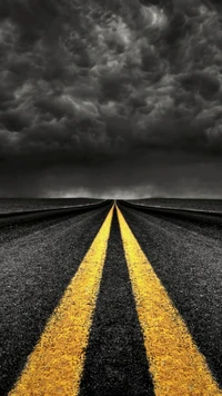 road, yellow, yellow lines, lines, clouds