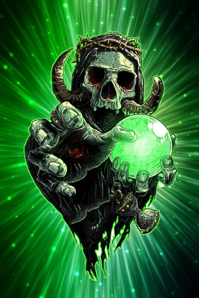 crystal ball, demon, green demon, occult, skeleton