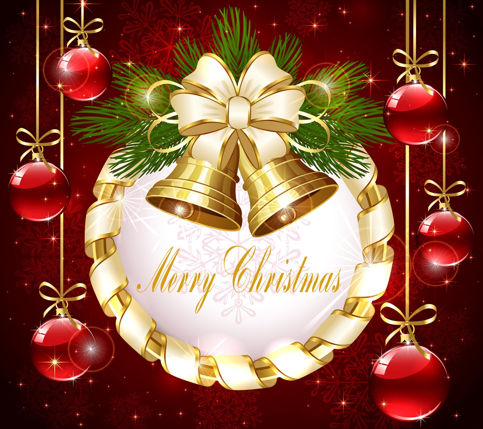 A christmas card with bells and decorations on a red background (merry christmas, wallpaper)