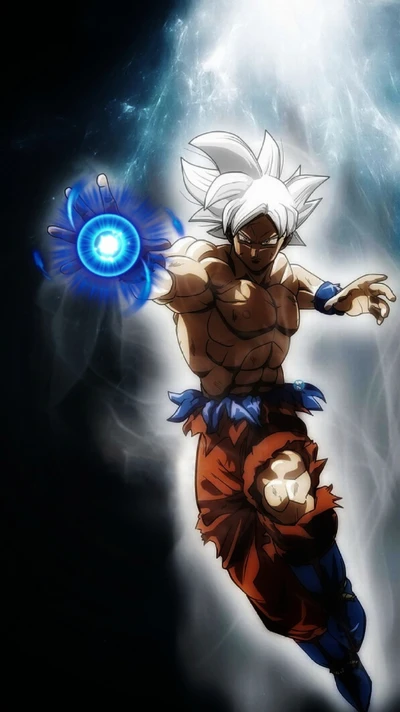 Goku em Ultra Instinct liberando seu poder de Super Bola