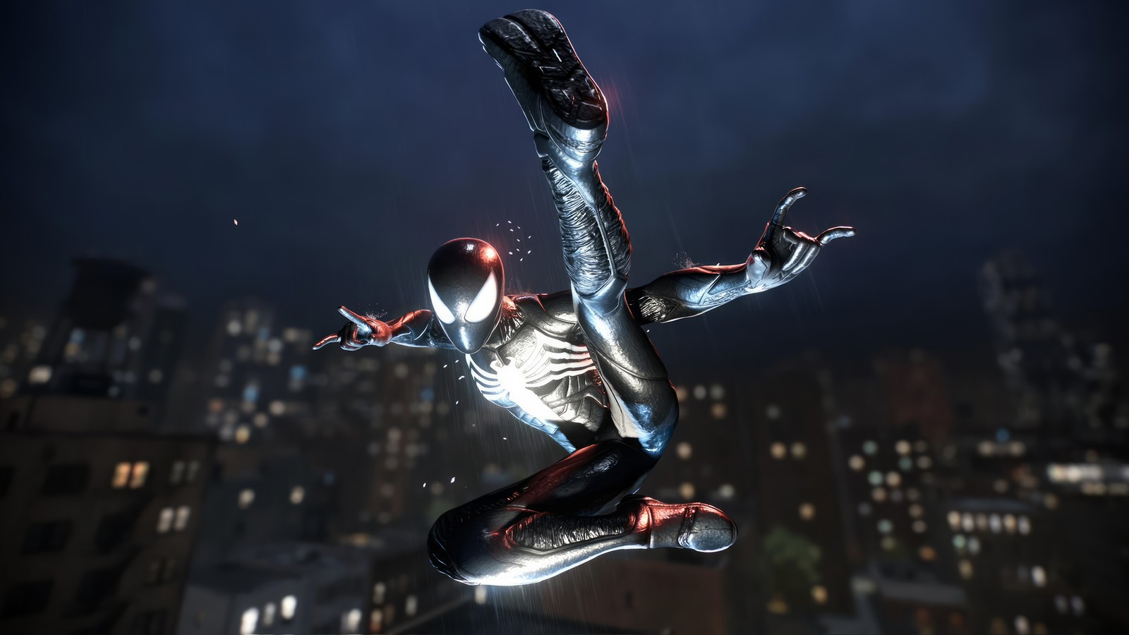 Spider-man en un costume argenté vole dans les airs (spider man, spiderman, costume de symbiote, marvel spider man 2, marvels spider man 2)