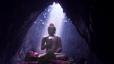 Estátua de Buda serena iluminada em uma caverna