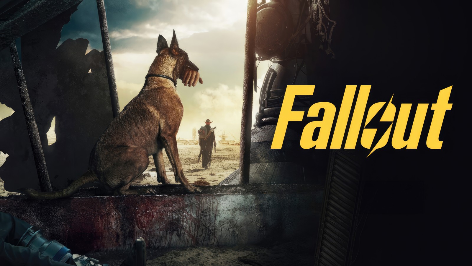 Fallout, ein hund sitzt auf einem vorsprung in einem raum mit einem mann und einem hund (fallout, hundsfleisch, prime serie, 2024 serie, 5k)