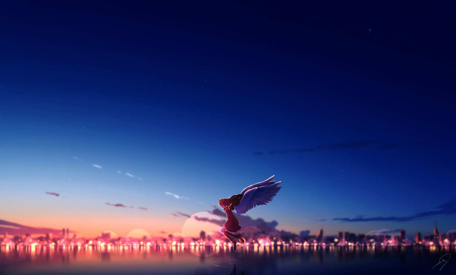 Anime, um pássaro voando sobre uma cidade à noite (garota de anime, anjo, felicidade, fantasia, papel de parede 4k)