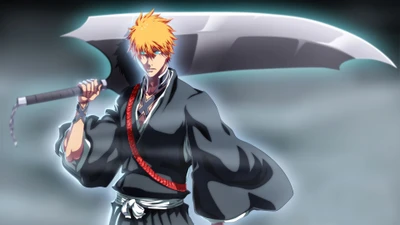 Ichigo Kurosaki with his massive sword in a dramatic stance from "Bleach: Thousand-Year Blood War