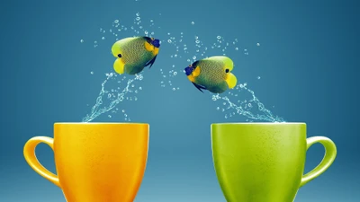 Des poissons colorés éclaboussent de l'eau entre deux tasses vibrantes.