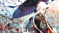 Elegant Anime Character in Kimono with Umbrella and Cherry Blossoms