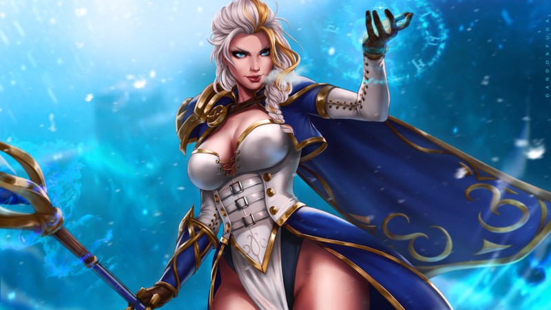 Женщина в синем платье держит меч и меч (джайна прудмур, jaina proudmoore, wow, world of warcraft битва за азерот, world of warcraft)