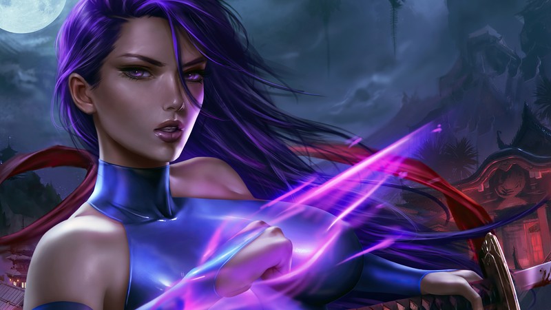 Женщина с фиолетовыми волосами и мечом на фоне полной луны (псайлок, psylocke, marvel comics, супергерой, девочки)