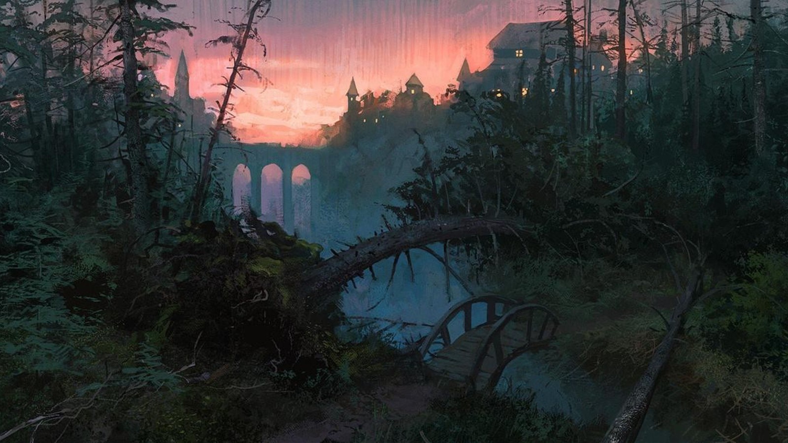 Painting of a sunset over a river with a bridge in the background (digital art, art, illustration, nature, tree)