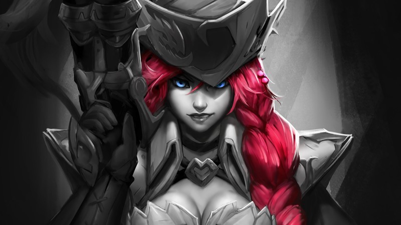 Женщина с красными волосами и мечом в руке (мисс фортуна, miss fortune, lol, видеоигра, league of legends)