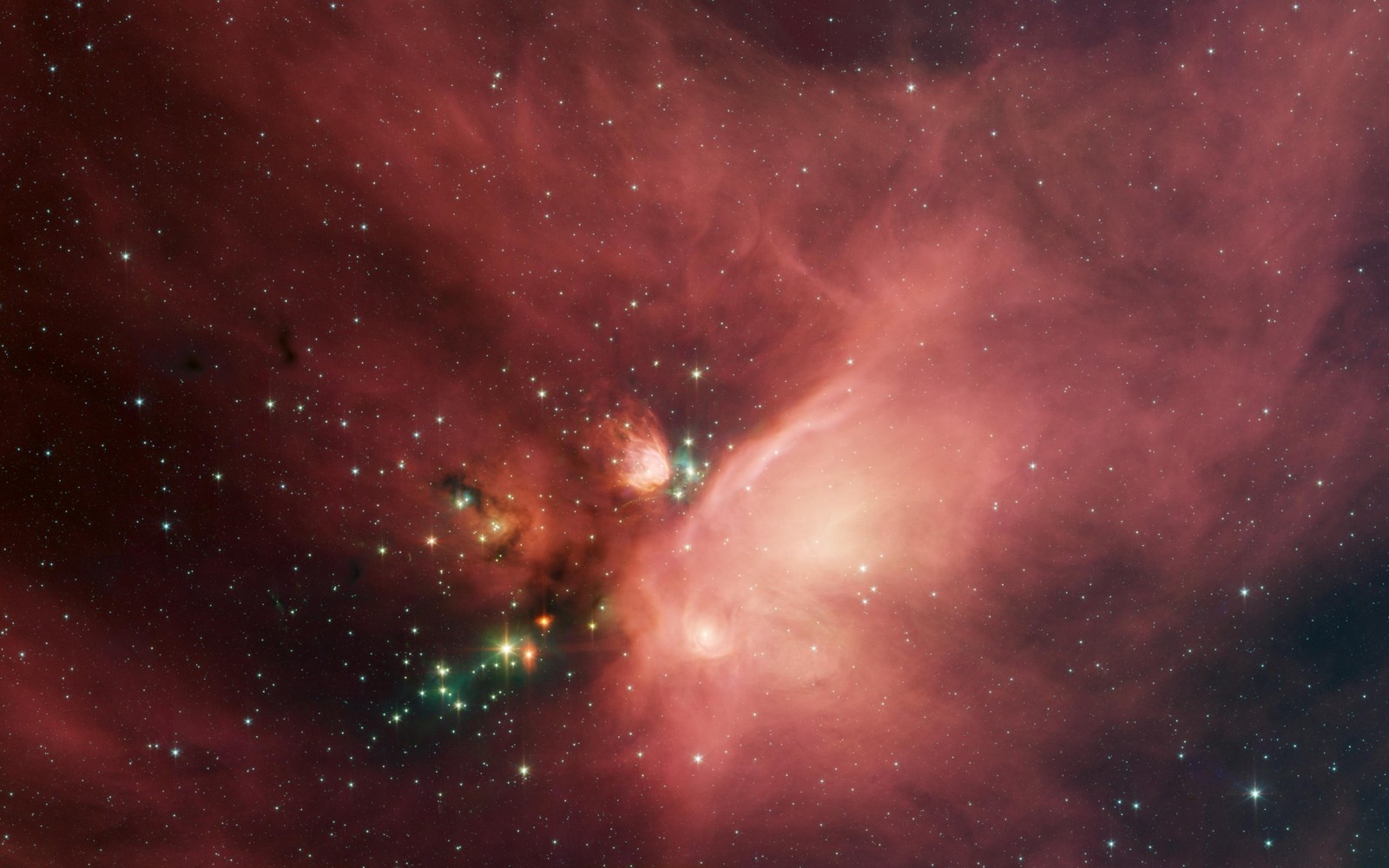 Um close em uma formação estelar no céu com uma nuvem vermelha brilhante (estrela, galáxia, nebulosa, objeto astronômico, atmosfera)