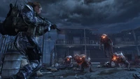 A soldier confronts menacing creatures in a dark, post-apocalyptic setting, highlighting the intense atmosphere of a multiplayer battle in "Call of Duty: Ghosts.