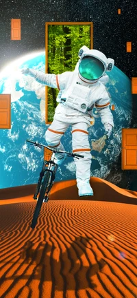 Astronauta montando una bicicleta en un paisaje cósmico